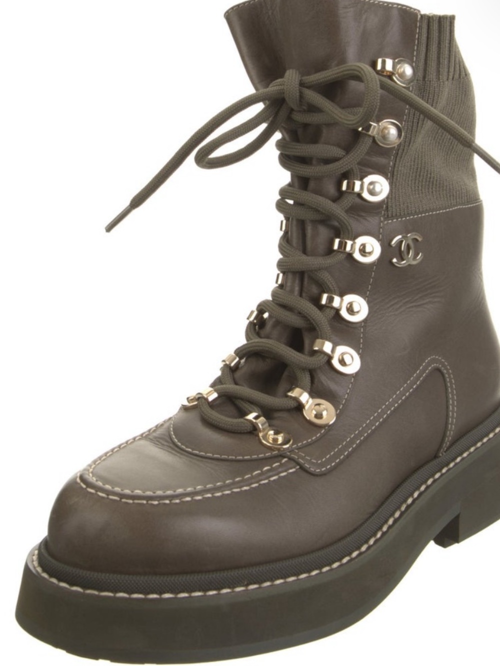 CHANEL Olive Brown Leather Platform Combat Boots with CC Logo